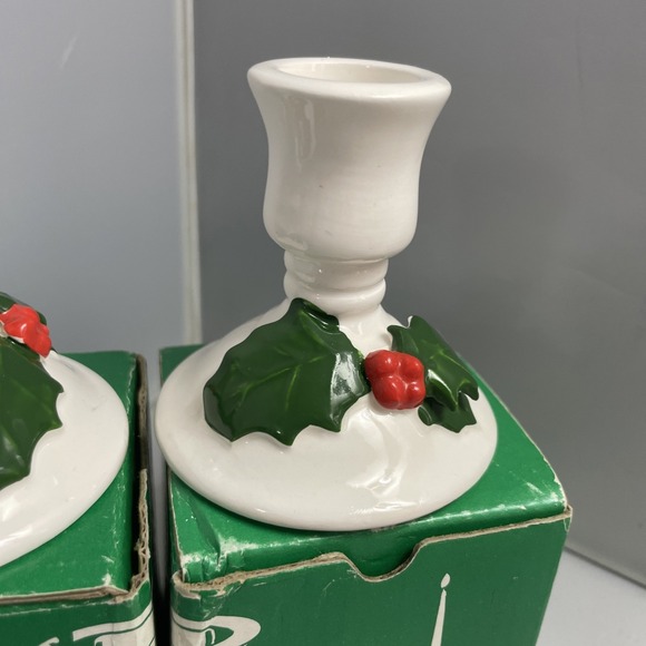 Christmas Candle Stick Holders Pair by Lillian Vernon Holly Berries‎ Ceramic VTG - Picture 6 of 14